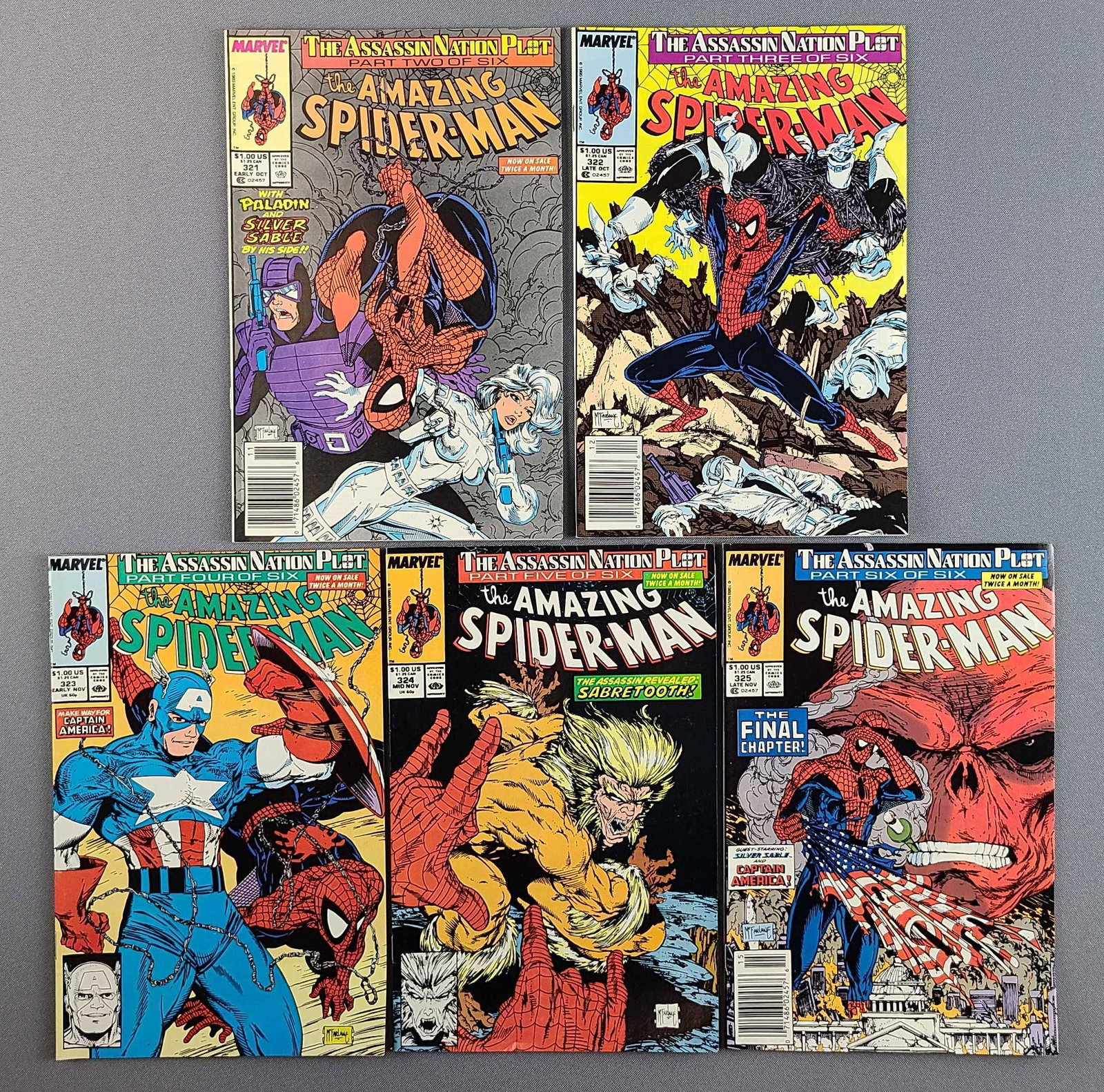 Group of 5 Marvel Comics The Amazing Spider-Man Comic Books: Includes No. 321-325, Lot of 5 Higher Grades. Cover art by Todd McFarlane featuring Sabretooth. #323 Centerfold detached. October-November 1989, Modern Age, $1.00. Bagged and boarded