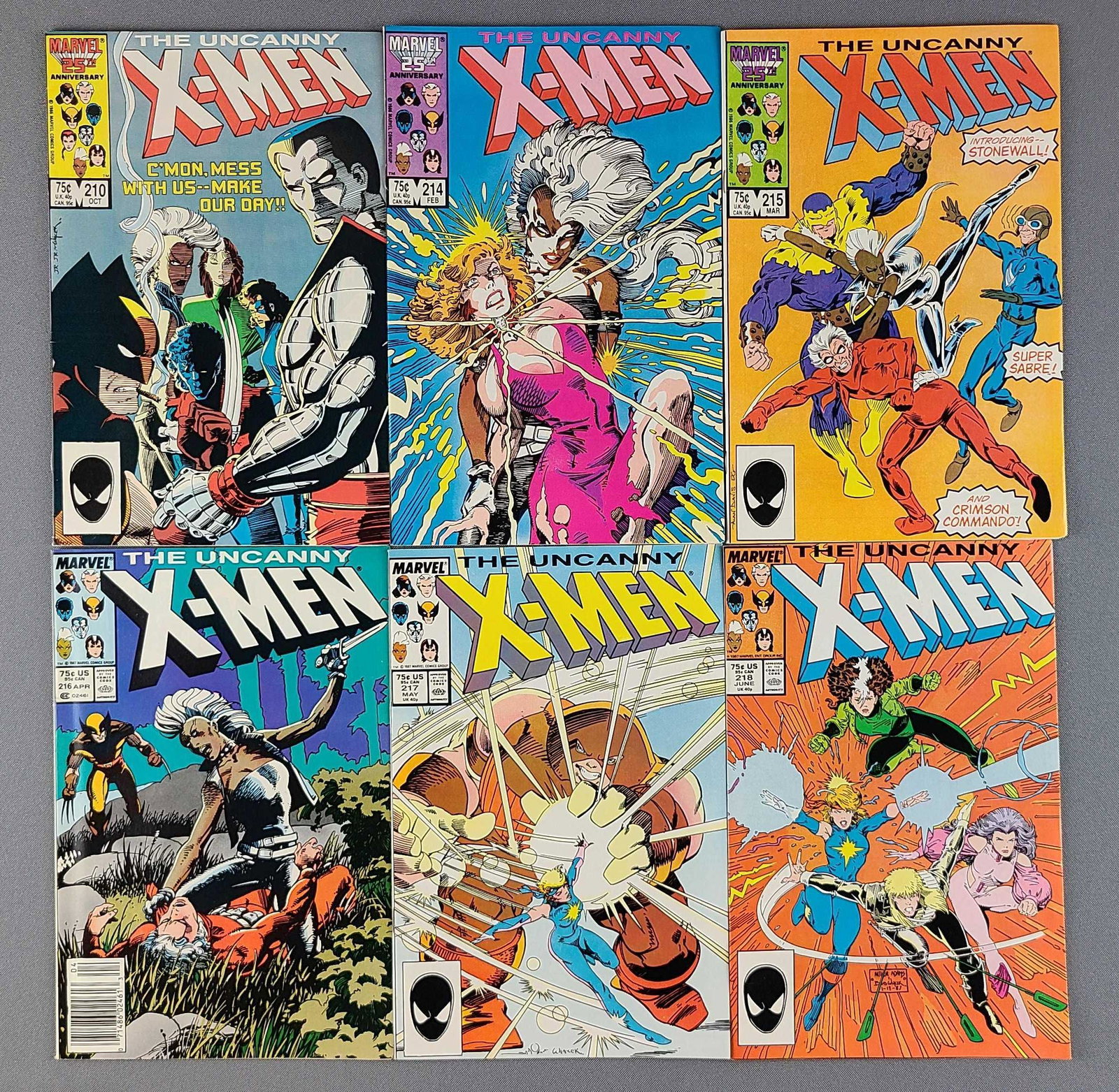 Group of 6 Marvel Comics Uncanny X-Men Comic Books: Includes No. 210, 214-218. Lot of 6 High Grades. 1st cameo team appearance of The Marauders: Arclight, Harpoon, Riptide, Vertigo, Scalphunter and Scrambler in #210. Dazzler joins the X-Men in #217. Mo