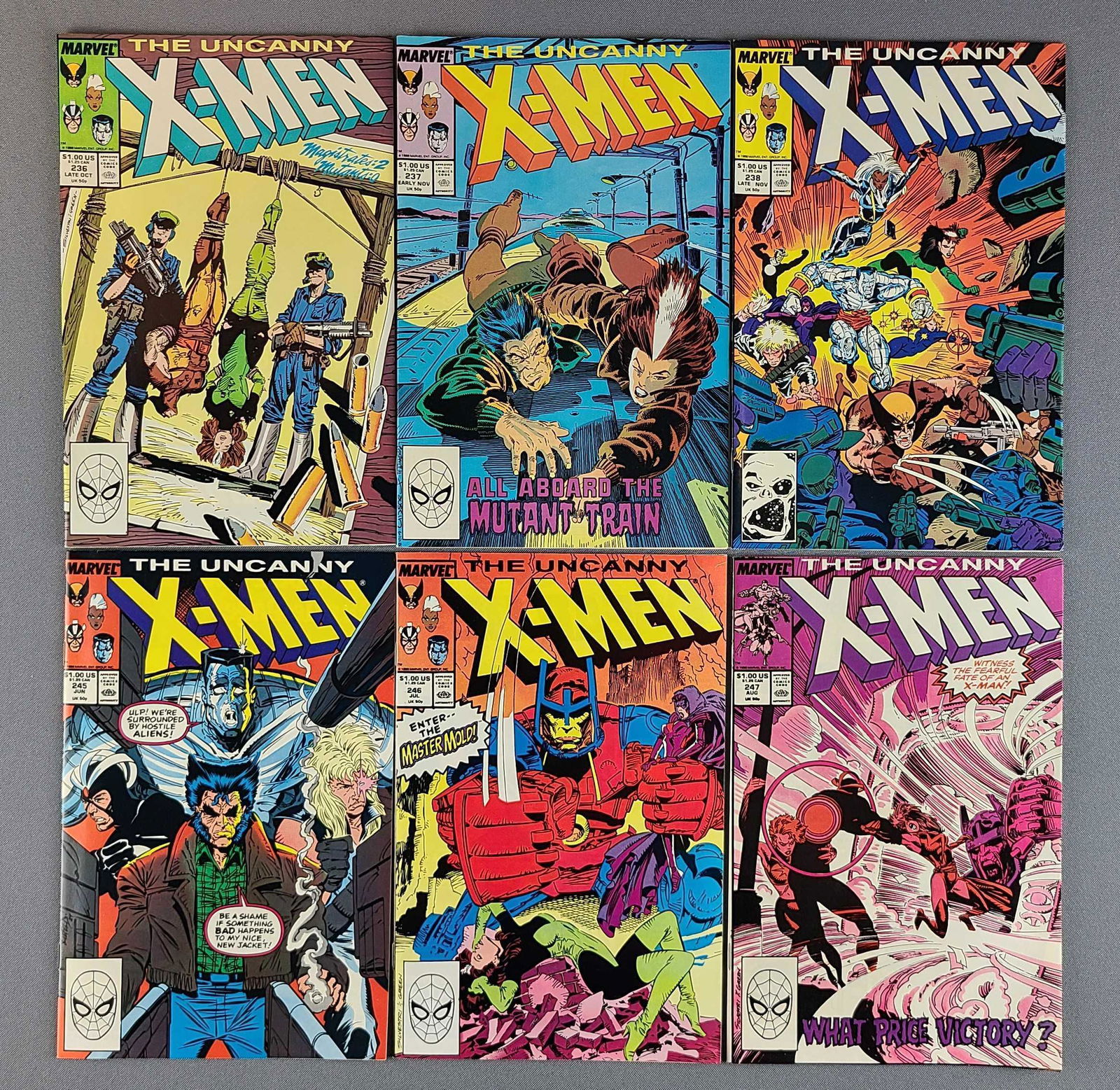 Group of 6 Marvel Comics Uncanny X-Men Comic Books: Includes No. 236-238, 245-247. Lot of 6 High Grades. 1st appearance of the Genegineer. Cameo appearance of Chewbacca, Yoda, Jabba the Hut, Boba Fett, an Alien Xenomorph, E.T. and Alf. Modern Age late