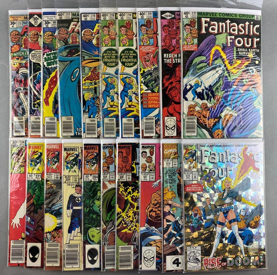 Group of 20 Marvel Comics Fantastic Four Comic Books: No. 175, 182, 186, 213, 216, (2) 218, 219-221, 234, 271, 272, 282, 284, 319, 330, 331, 346, and 375. October 1976-April 1993, Bronze-Modern Age, $.30-$2.95, bagged and boarded