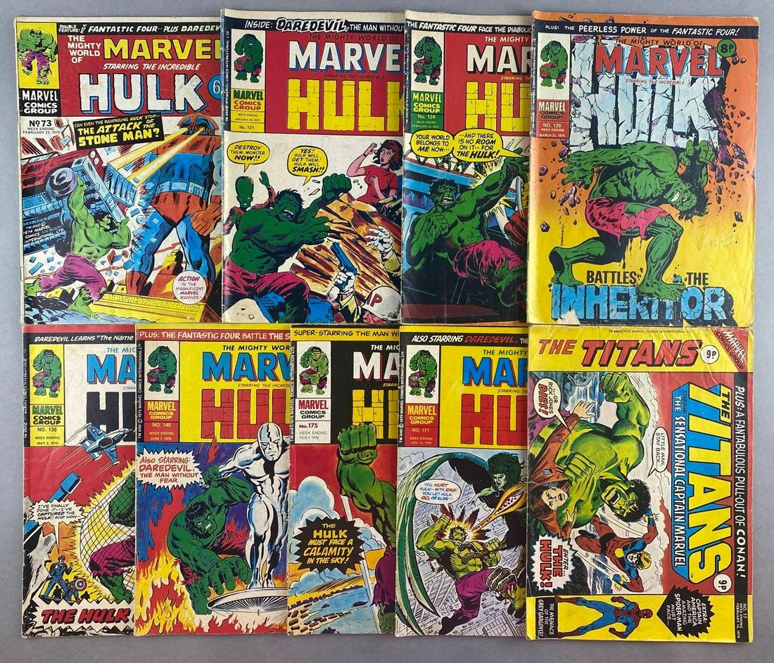 Group of 10 British Market Marvel Comics Weekly Comic Books: (1) The Titans and (8) The Mighty World of Marvel. 1974-1975, Bronze Age