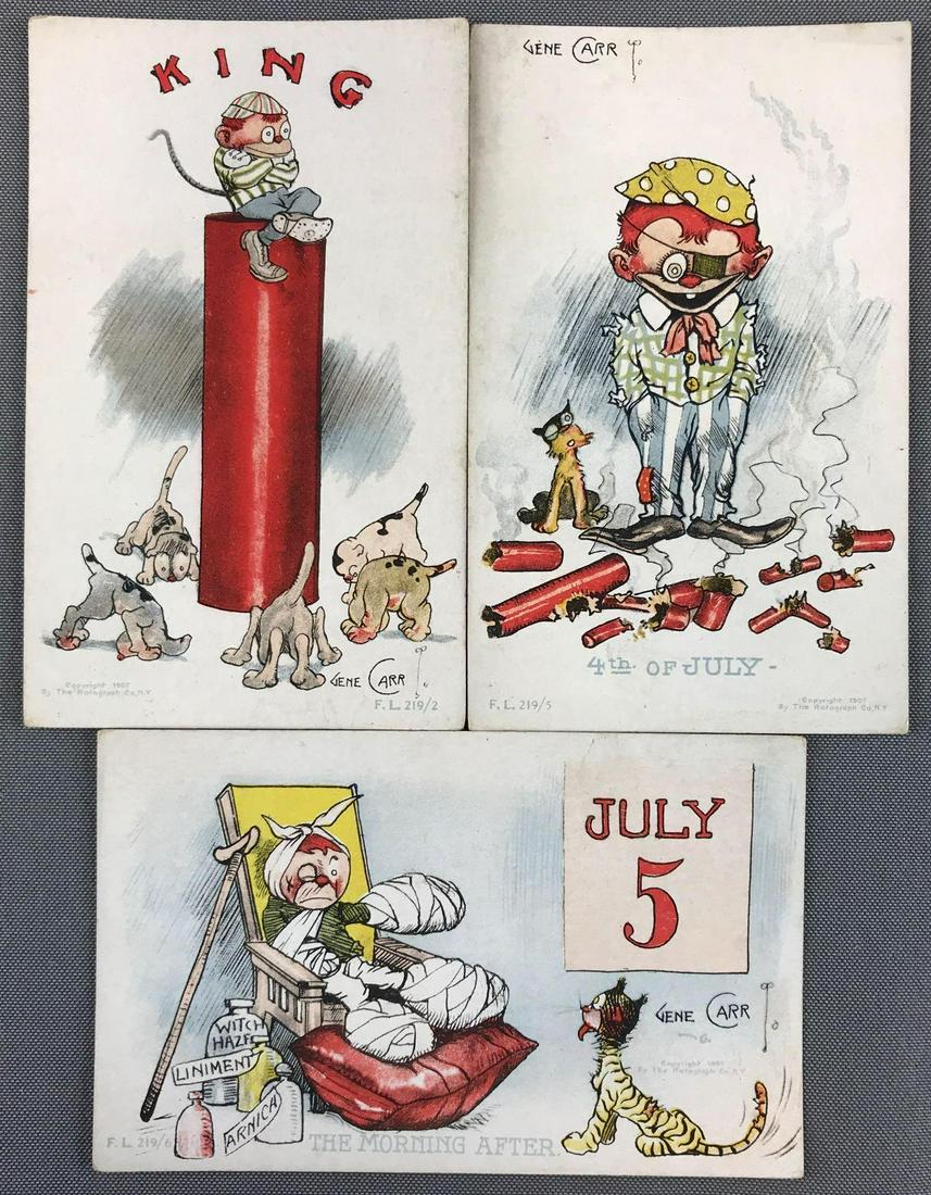 Postcards - 4th of July Gene Carr: Group of 3 artist signed, writing on upper left edge. Firecrackers, Independence Day, dog, cat, monkey.