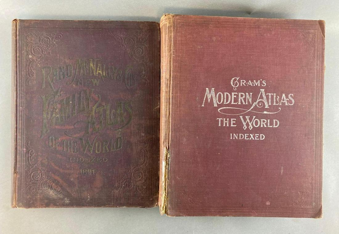 Group of 2 World Atlases: Includes 1901 Grams Modern Atlas of the World and 1891 Rand McNallys Family Atlas of the World. Both have broken spines and foxing.