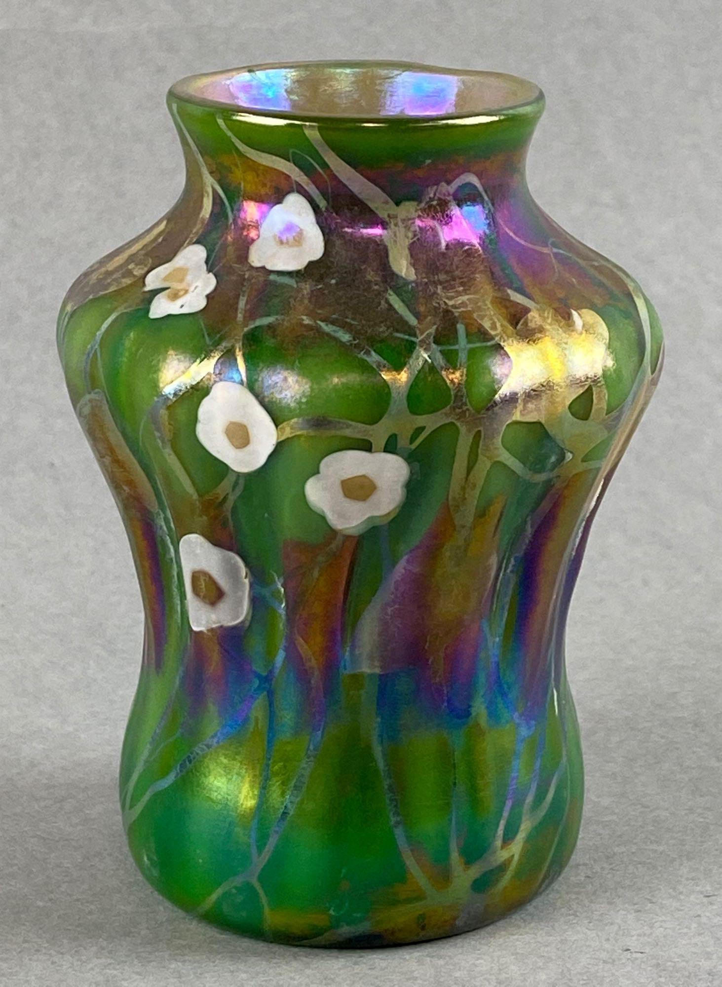 Antique Small Iridescent Green Art Glass Vase with Floral Design (1 of 4)