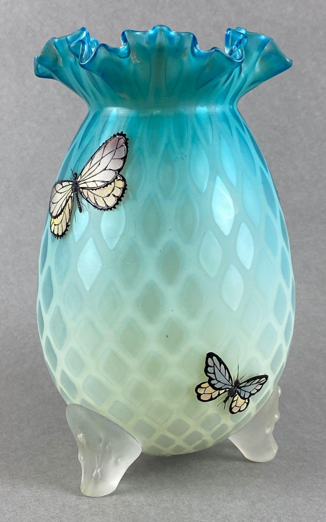 Antique Satin Footed Glass Vase with Hand Painted Butterflies: Has a Thomas Webb Label. Measures 7 1/4 x 4 1/2 inches. Marked Patent on the bottom. Ruffled and Ribbon Edge, Quilted Pattern