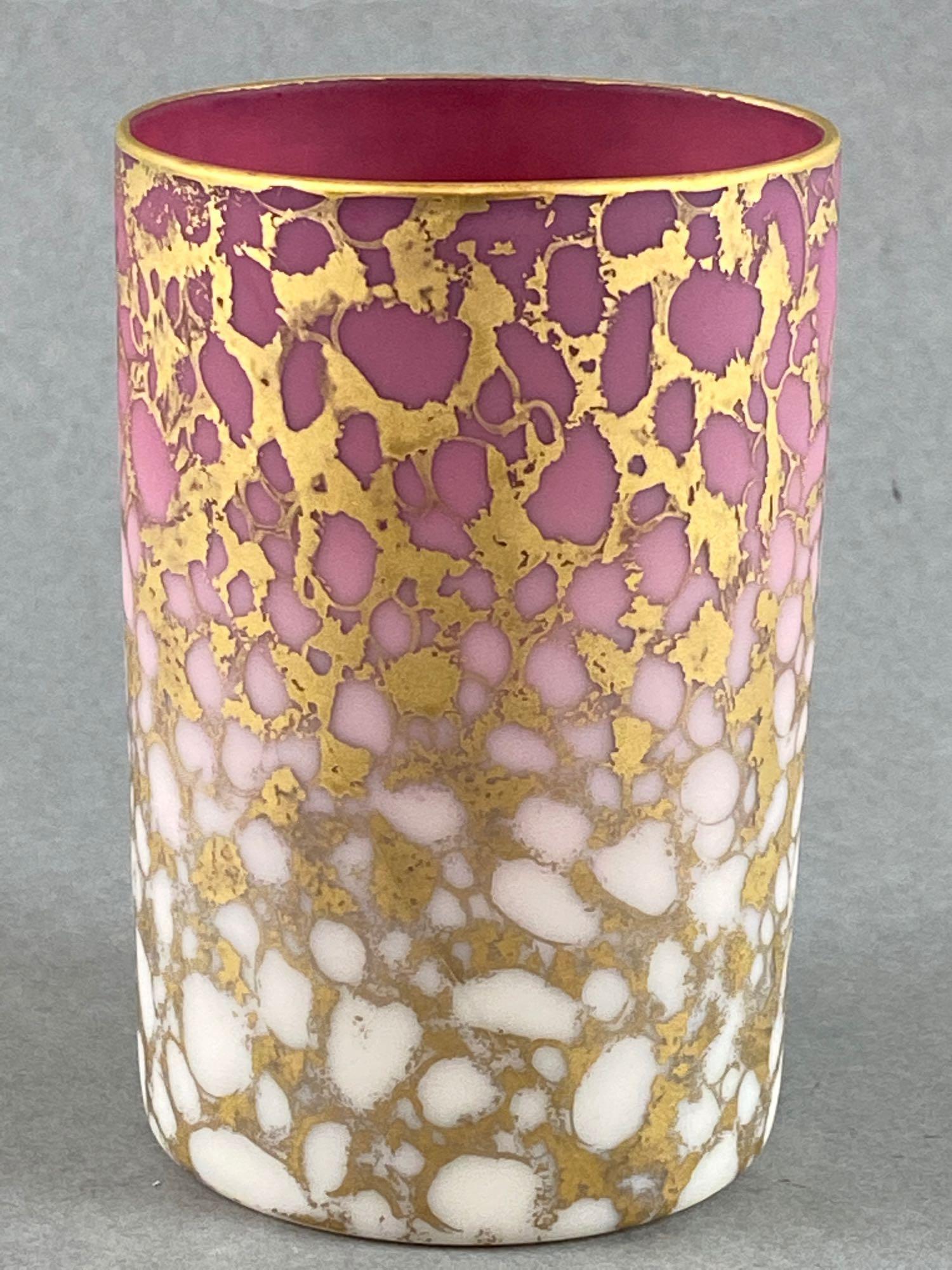 Antique Pink to White Burmese Style Tumbler with Gold Design: Measures 3 3/4 x 2 1/2 inches. Polished Pontil