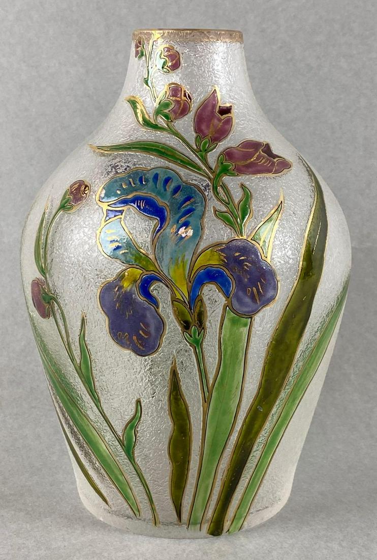 Fritz Heckert Glass Vase with Hand Painted Iris Design: Signed F. H. 595. 86. Measures 7 x 5 inches. Polished Pontil