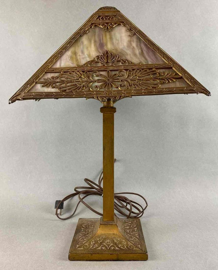 Antique Industrial Art Nouveau Table Lamp with Slag Glass Shade (1 of 4)