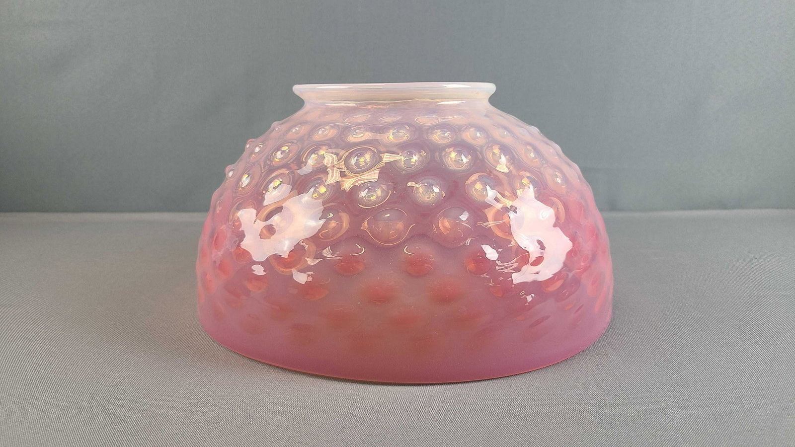 Pink Opalescent Glass Lampshade: Opening 5 1/2 inch diameter, bottom 12 inch diameter, 6 inches tall.