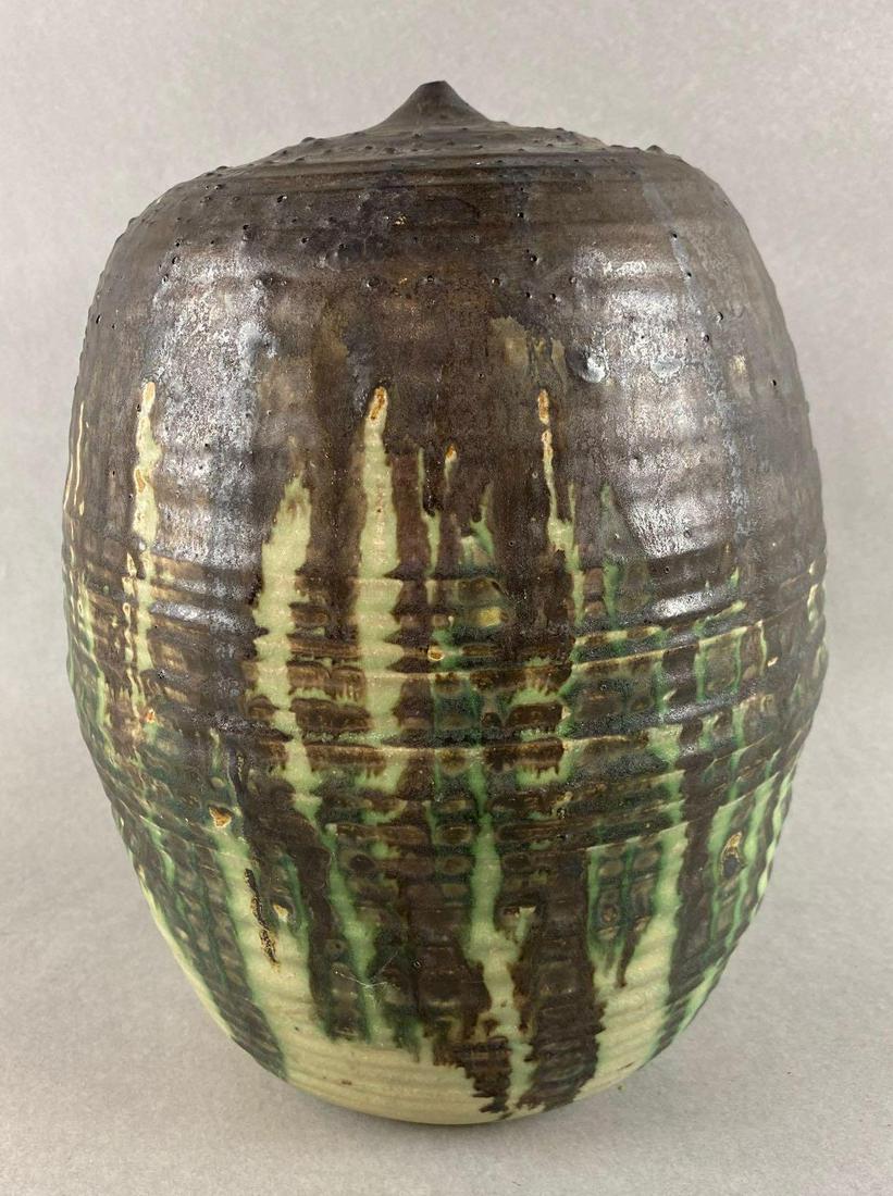 Antique Art Pottery Vase with Small Opening: Measures 11 x 8 1/2 inches.