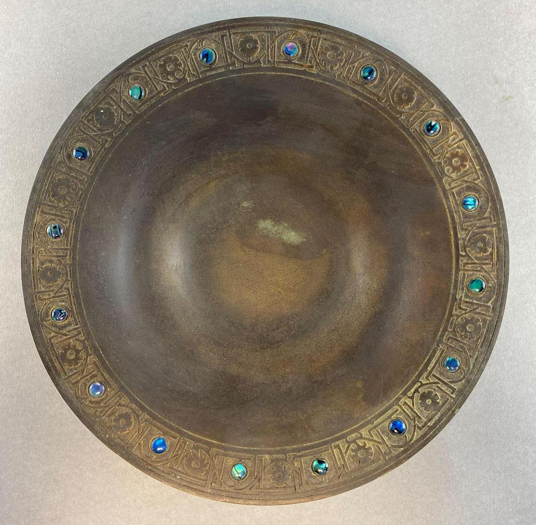Antique Tiffany Bronze Bowl with Abalone Inserts: Measures 1 3/8 x 9 Inches.