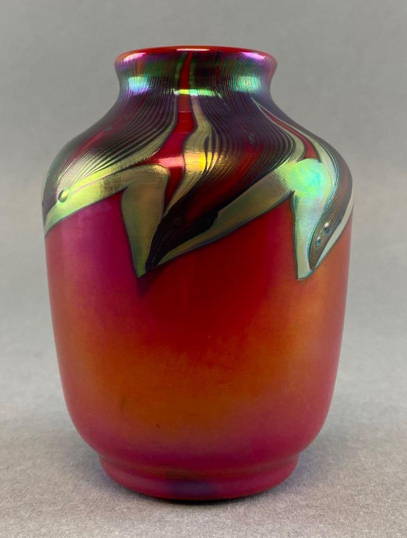 Antique Iridescent Red Pulled Feather Art Glass Bud Vase (1 of 4)
