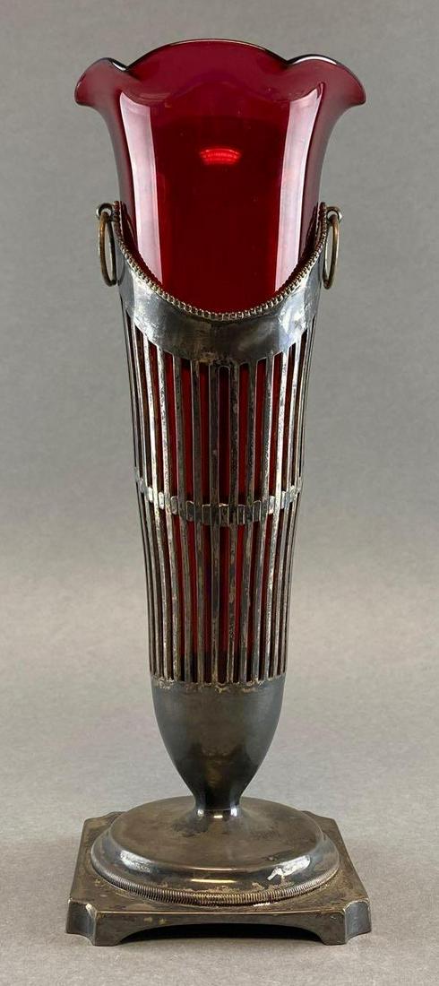 Antique Pairpoint Silver Plate and Cranberry Glass Vase (1 of 5)