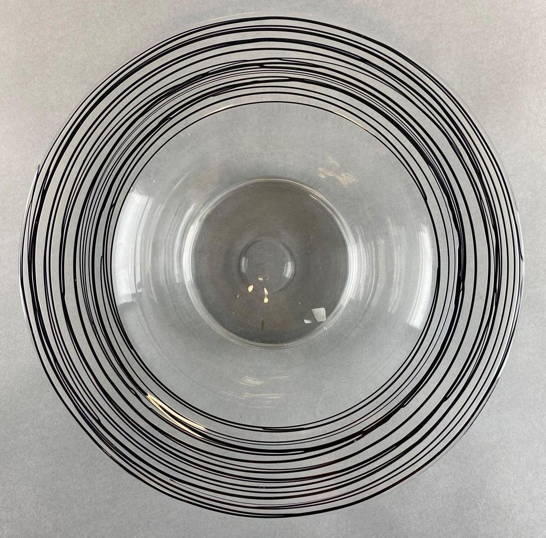 Antique Steuben Art Glass Bowl with Applied Black Swirls: Measures 2 3/4 x 11 1/2 inches.