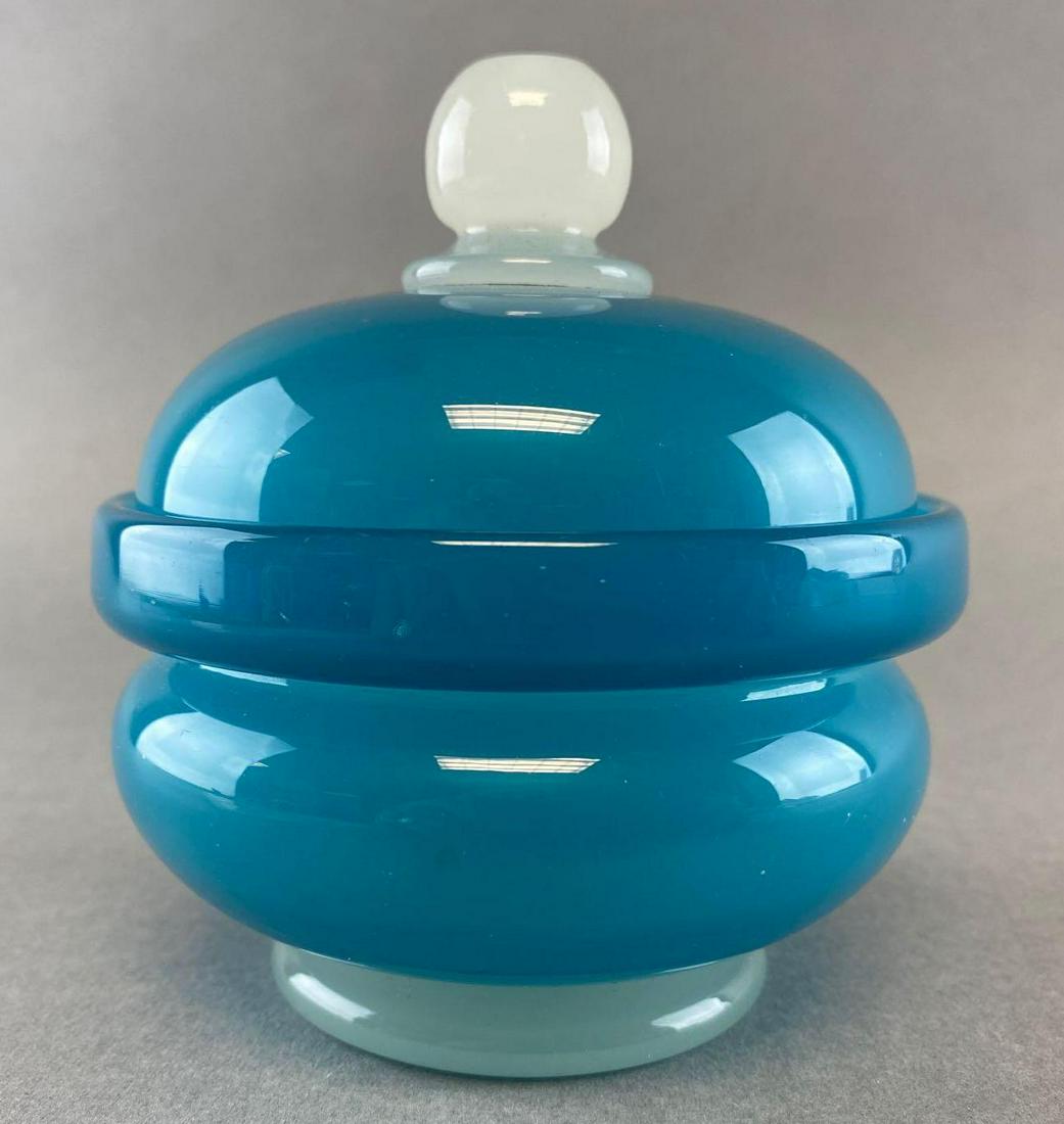 Stevens and Williams Turquoise and Alabaster Puff Jar: Stevens and Williams/Steuben, Measures 4 1/4 x 3 7/8 inches.