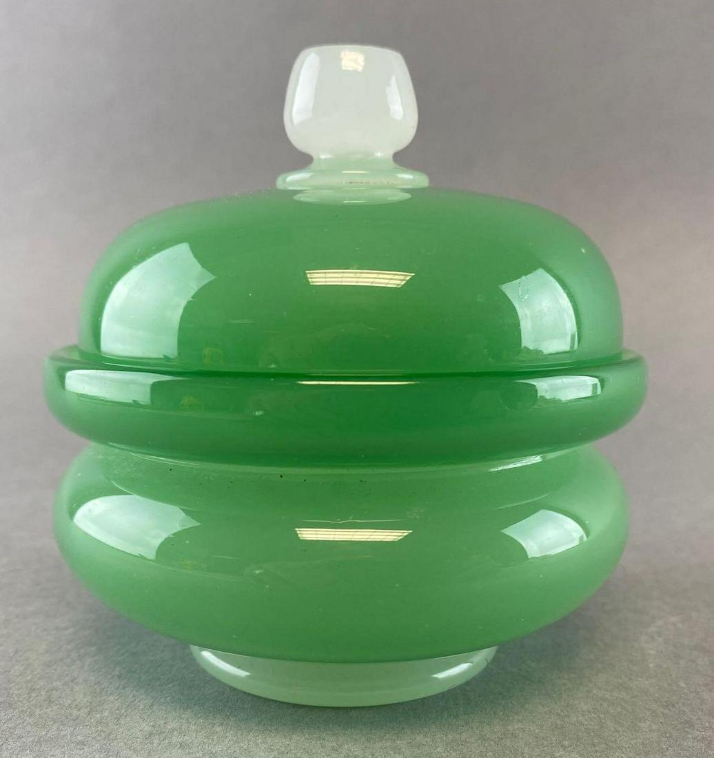 Stevens and Williams Green and Alabaster Puff Jar: Stevens and Williams/Steuben, Measures 4 x 4 inches.