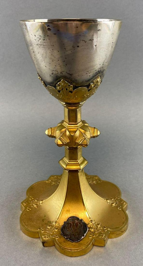 Antique Sterling Silver French Communion Chalace: Top is Marked Sterling, Measures 8 3/4 x 5 1/2 inches. Engraved In Memory of Jeremiah Kelleher, Died February 18th 1923, RIP.