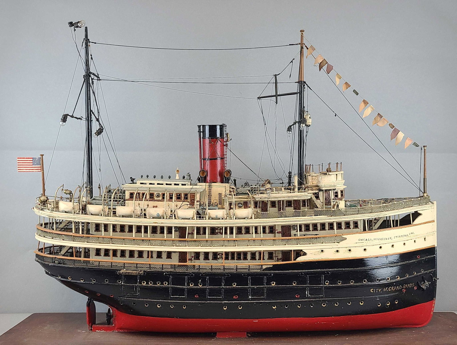 Chicago Milwaukee Steamship Line Handmade Replica Ship: Belonged to the Grandfather of a local collector who had his first job as a young man on this ship. After his time with the liner he made this beautifully detailed replica of the ship he once worked o