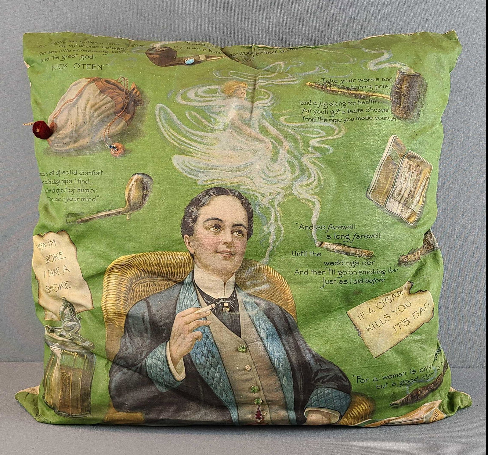 Smoking Fabric Embellished Pillow: 19 inch square. Flor Fina cigars, smoking quotes.