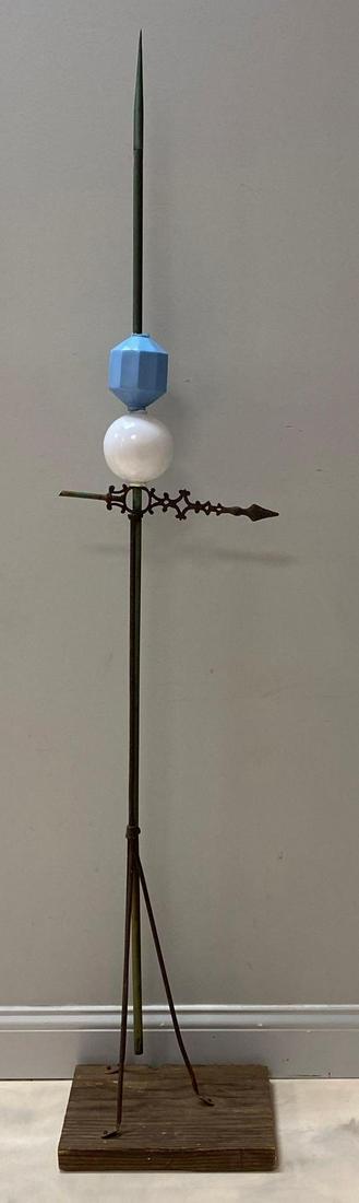 Lightning Rod with Glass Bulbs: 72 x 14 1/2 x 11in, attached weather vane tail broken off, some rust. No Shipping.
