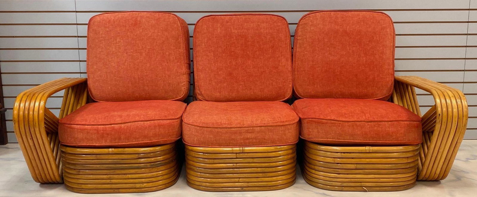 3-Piece Bamboo Outdoor Couch with Cushions: 32 x 81 1/2 x 39 1/2in placed together, some staining and scratch marks. No Shipping.