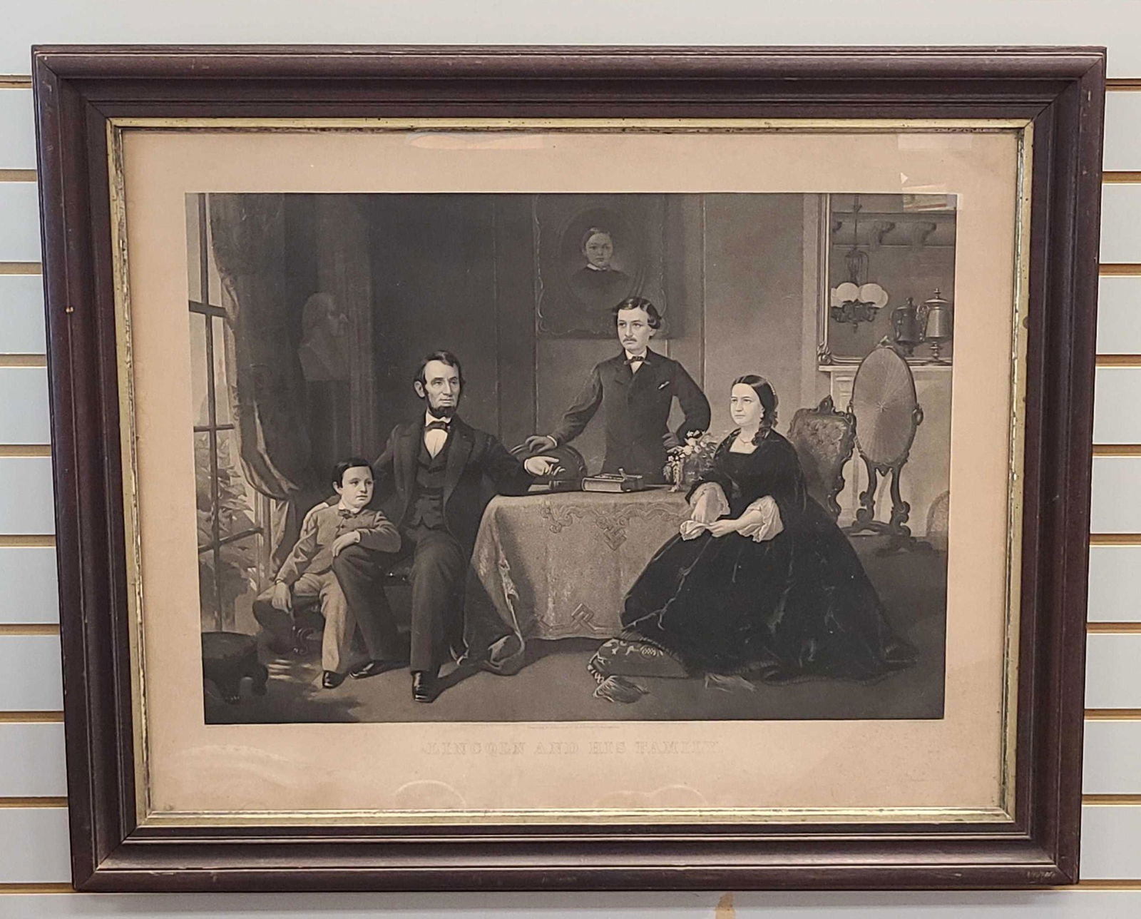 Lincoln and his Family Engraving: Painted by S B Waugh, engraved by William Sartain, dated 1866. Water damage around edges. Art 23 x 29, frame 28 1/2 x 34 inches