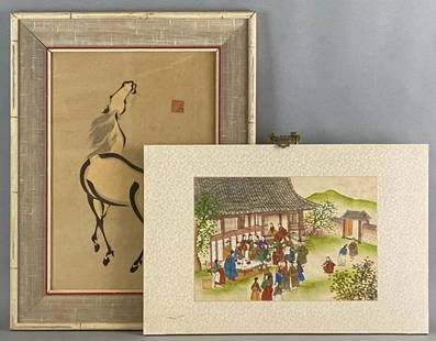 Group of 2 Chinese Horse Painting, Korean Woodblock Print: The Horse Frame measures 20 x 15 1/2 inches. The painting measures approximately 16 x 11 inches. There is some staining on the horse painting.