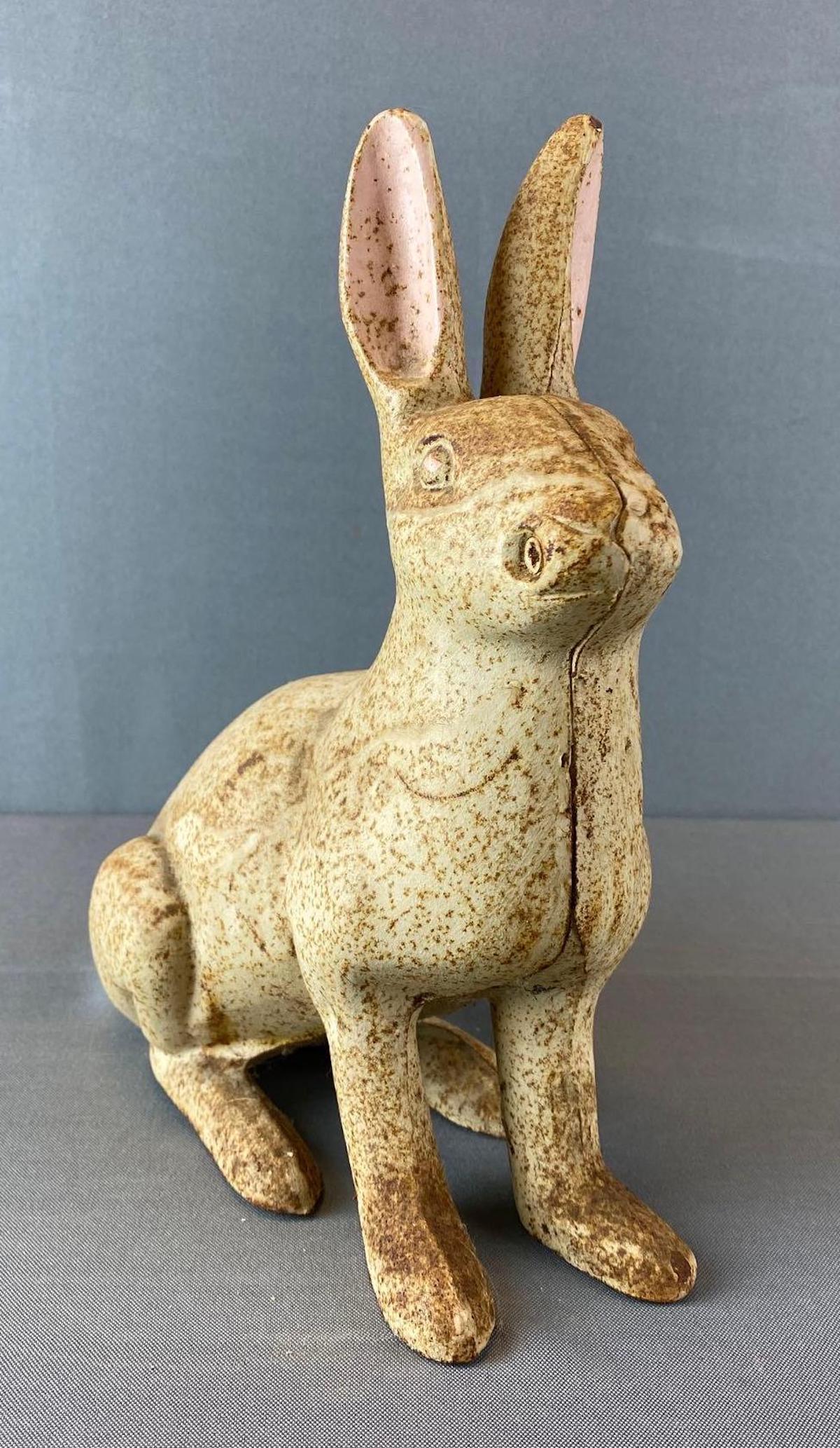 Cast Iron Bunny Door Stop: some rust, some paint loss, 11 X 9 1/2 X 5 inches