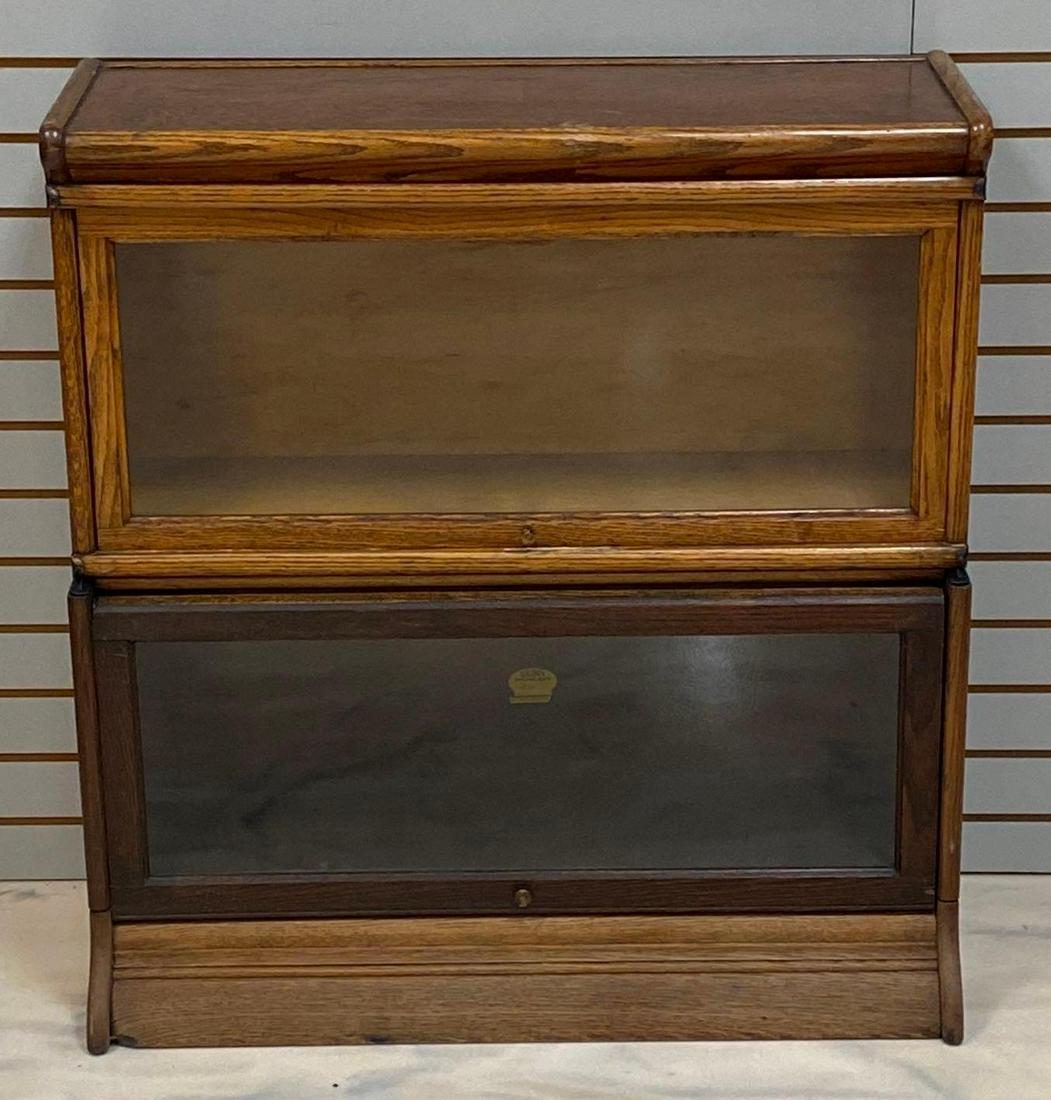 Wood Stacking Barrister Bookcase: 36 1/2 x 34 1/4 x 14 1/2in together, pieces do not match or fit together, some scratches/marks. No Shipping.