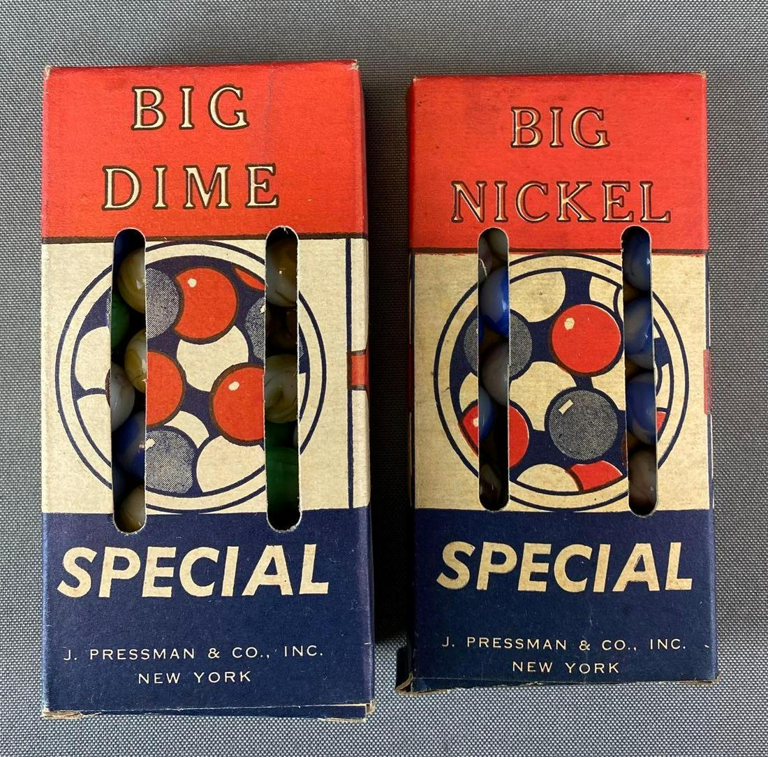 2 Boxes of Big Time Special Marbles: some surface cracking throughout, with original boxes, largest box is 5 X 2 1/2 X 1 1/2 inches