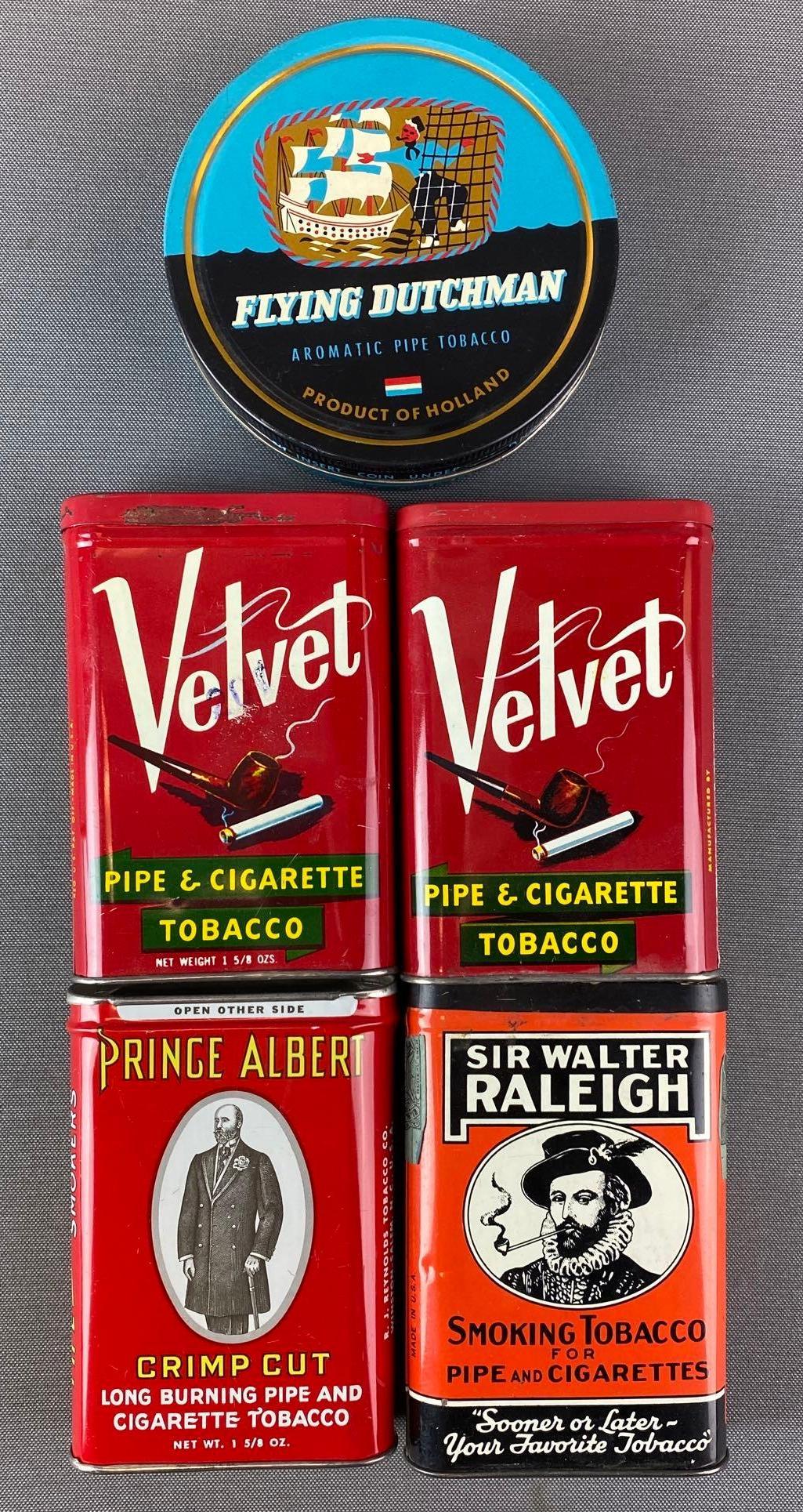 Group of 5 Tobacco Tins: Velvet, Prince Albert, Flying Dutchman, and Sir Walter Raleigh