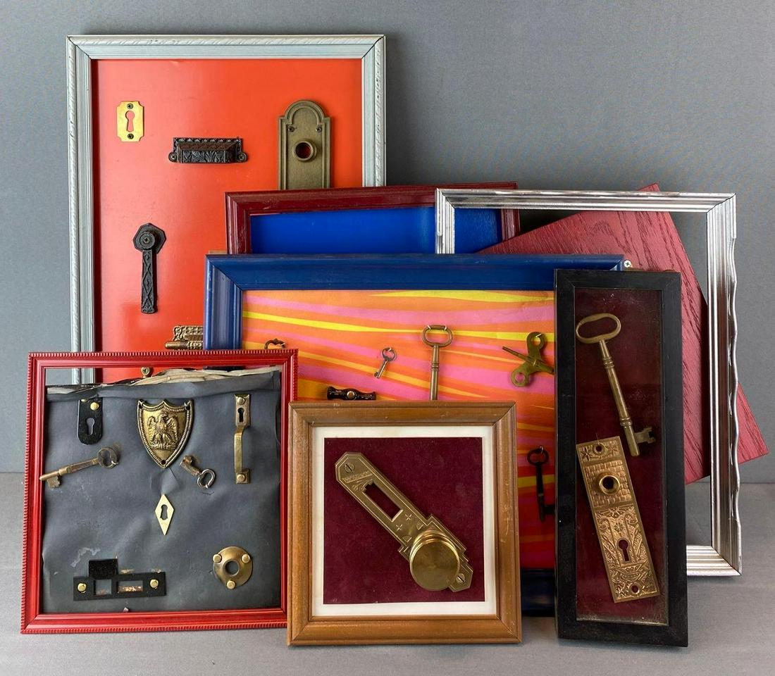 Group of Framed Knobs & Keys: largest is
