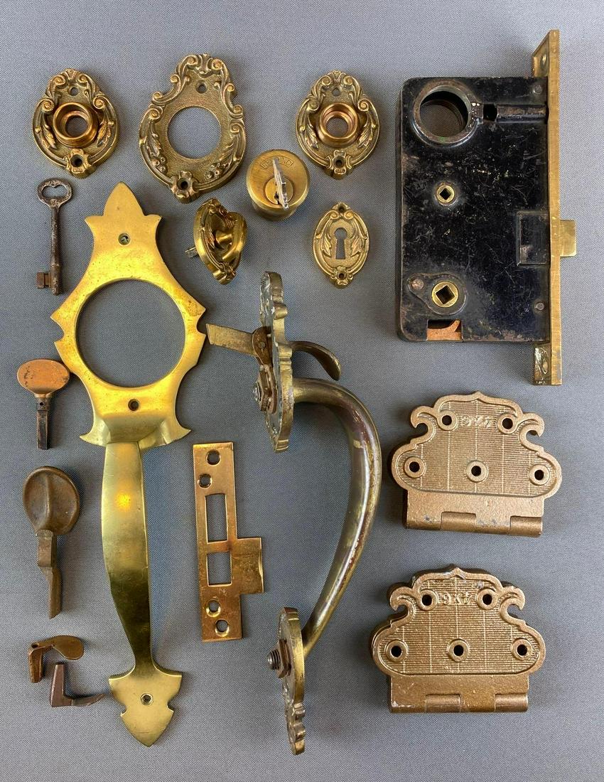 Group of Hinges, Handles & More: includes lock covers & lock body