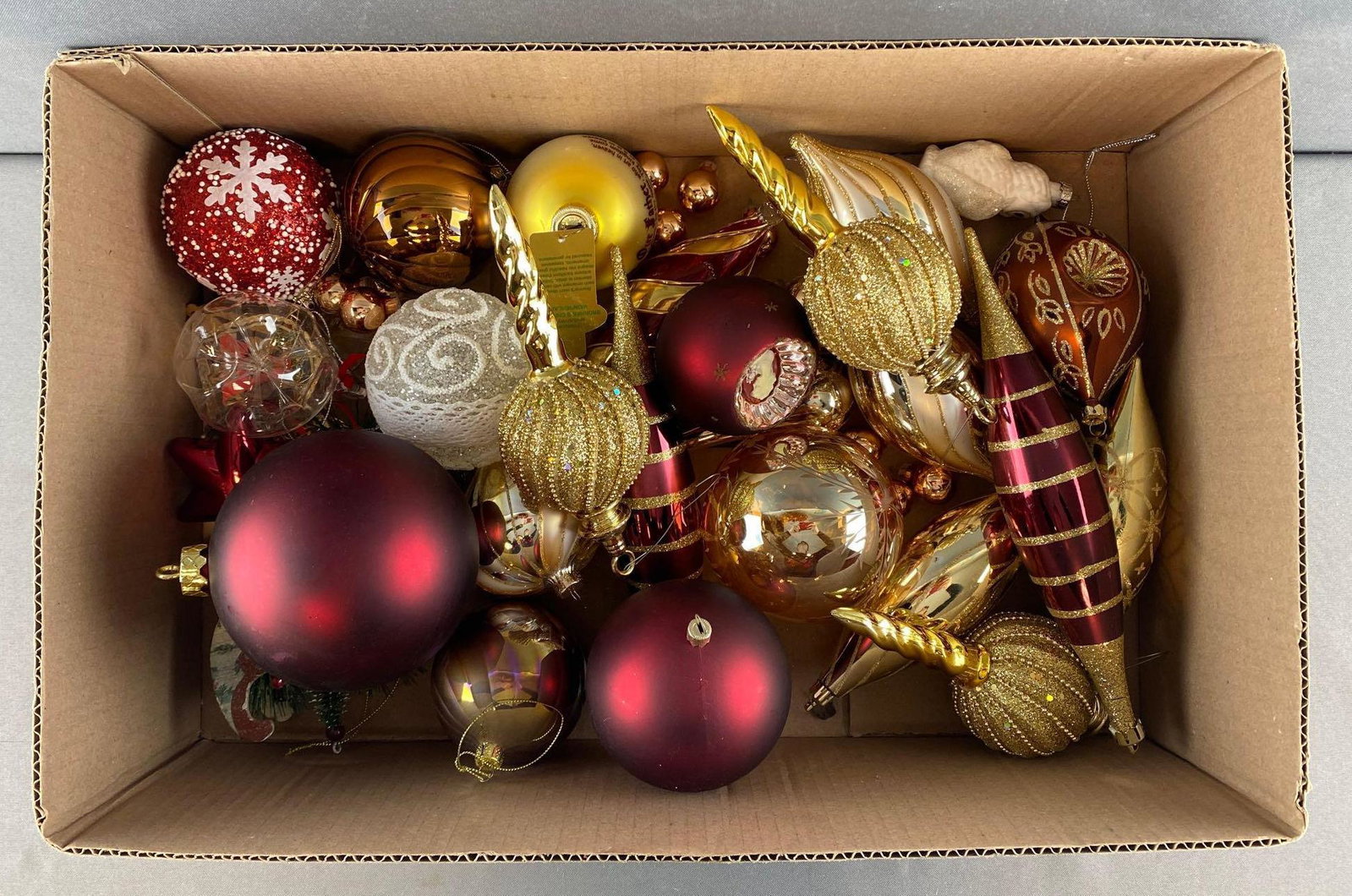 Group of assorted Christmas Ornaments: 30+, Glass, Metal, Plastic, largest is 10.5 inches