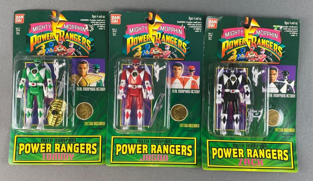 Group of 3 Ban Dai Mighty Morphin Power Rangers Auto Morpher Action Figures: 1994. Original packaging. Good blister condition.