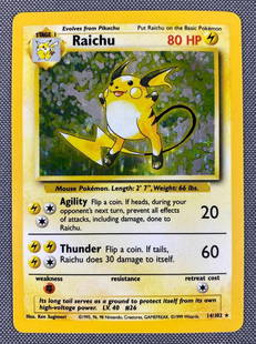 1999 Pokemon 14/102 Raichu Holo Card: 1999 PokÃ©mon 14/102 Raichu Card