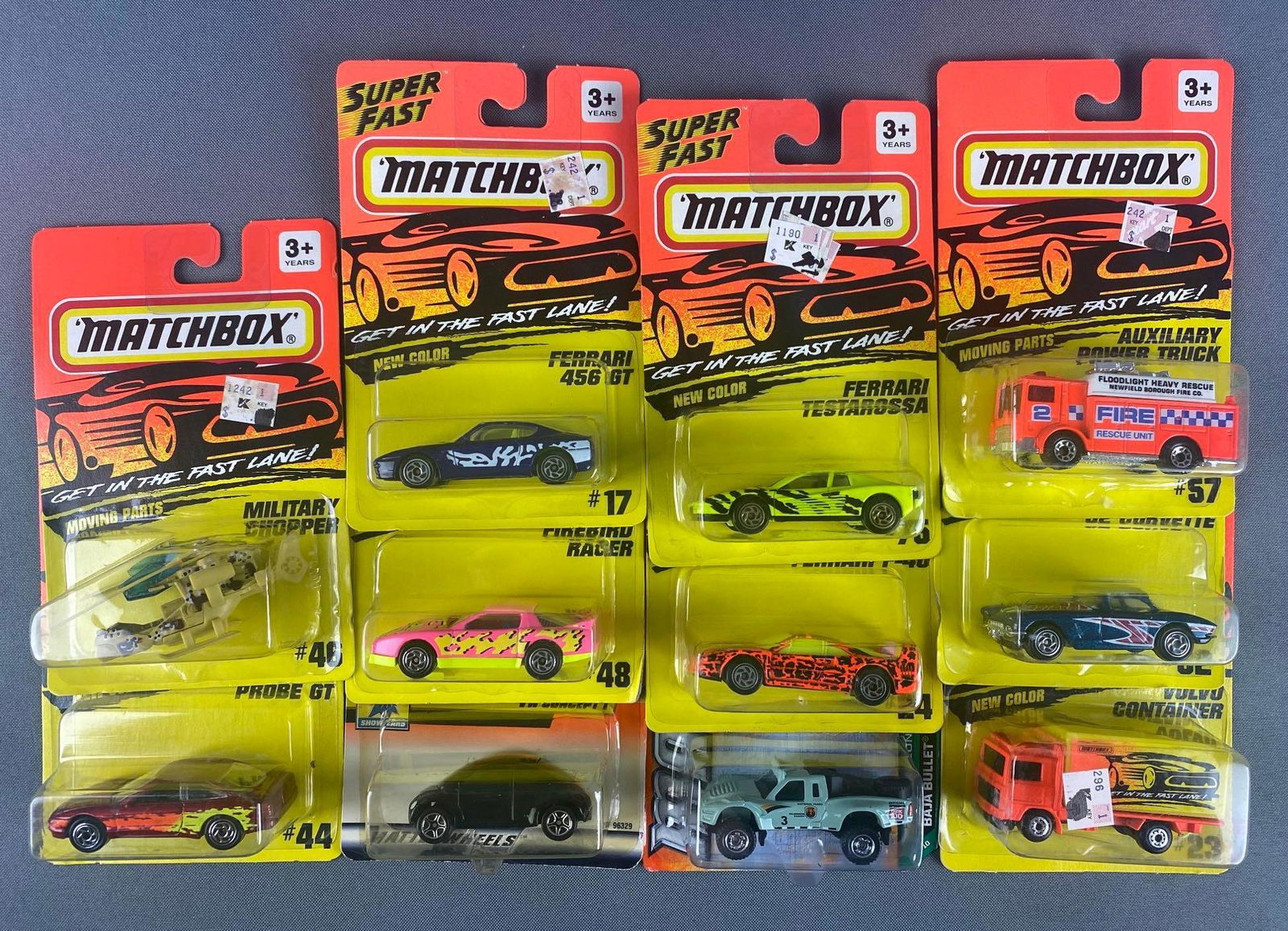 Group of 30+ Matchbox Die-Cast Vehicles: Original packaging. Blisters slightly dented.