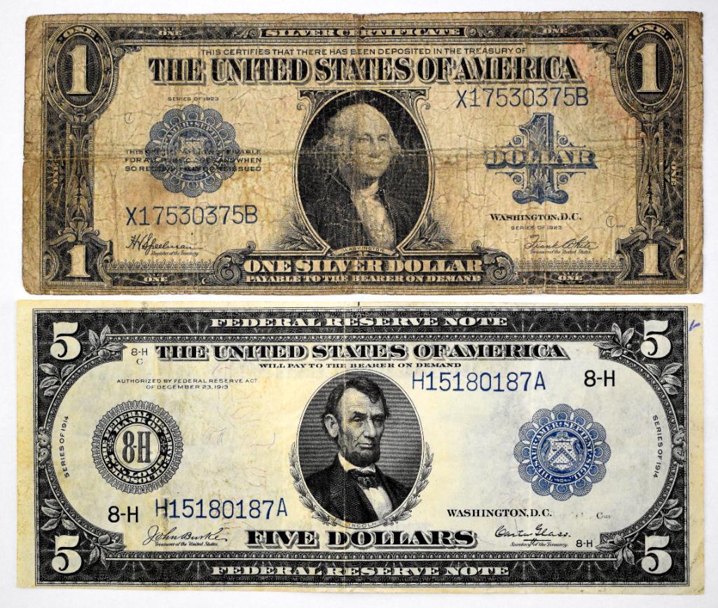 Group of (2) Large Size U.S. Currency 1923 $1 Silver Certificate & 1914 $5 Federal Reserve Note (1 of 2)