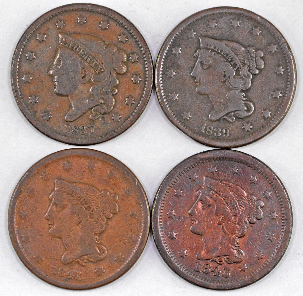 Group of (4) Coronet Head & Braided Hair Large Cents 1837 1839 1841 & 1843 (1 of 2)