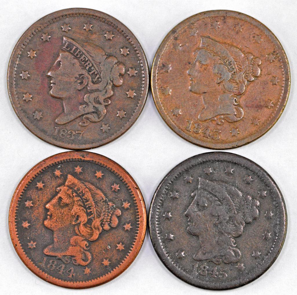 Group of (4) Coronet Head & Braided Hair Large Cents 1837 1843 1844 & 1845 (1 of 2)