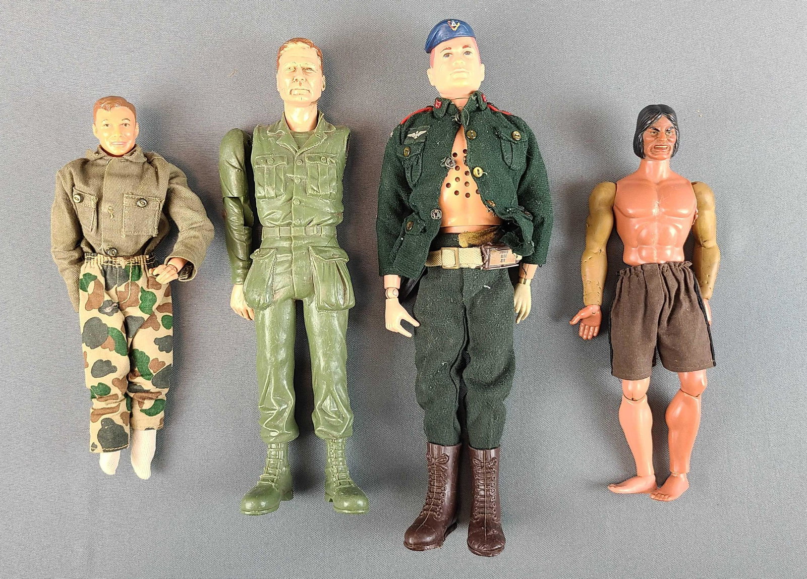 Group of 4 action figures: Mattel, Marx, Ideal toys. Largest is 12 inches, GI Joe 1964.