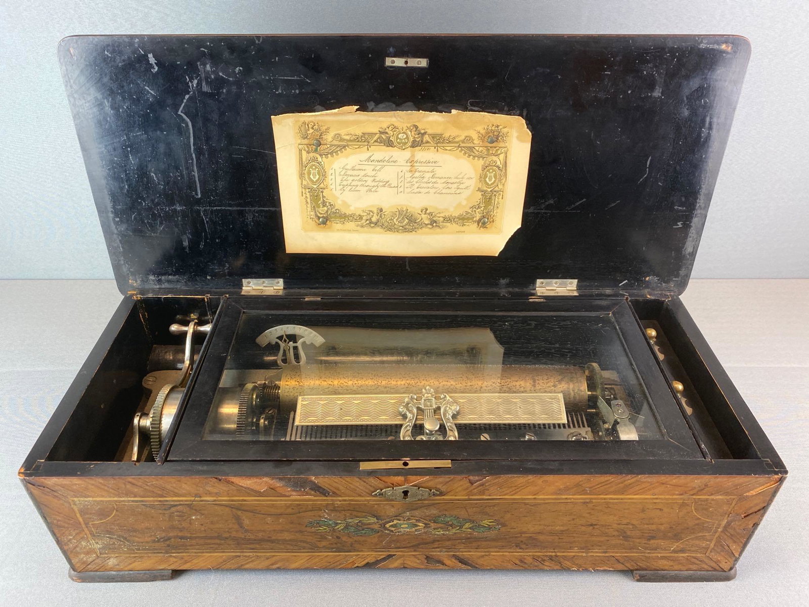 Antique Inlaid Wood Cylinder Organ Music Box: 10 songs, in working condition, some wood is falling off, 6 X 10 X 22 3/4 inches