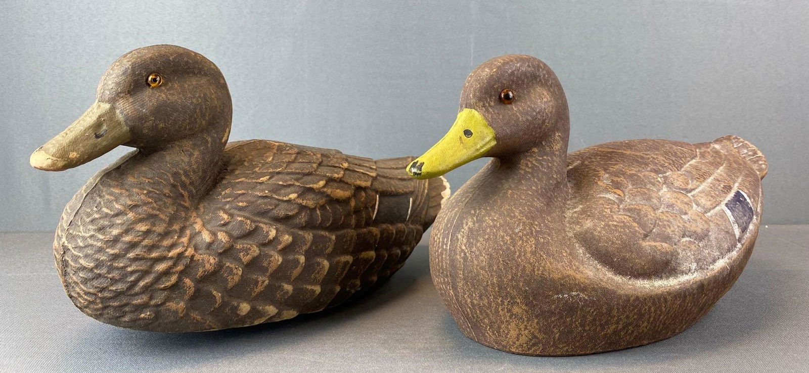 Group of 2 Composite Mallard Duck Decoys: JC Higgins and General Fibre Co., largest is 7 1/2 X 14 X 7 inches - puncture on back