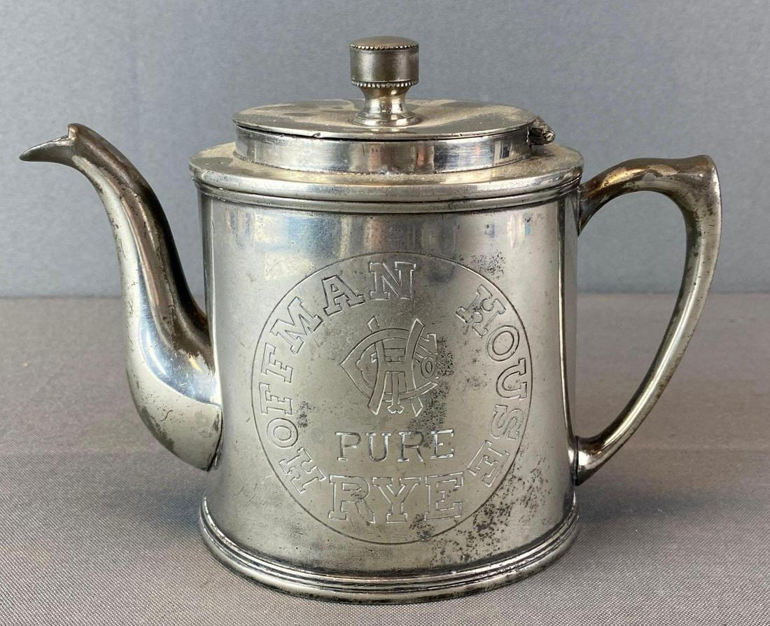 Pre-Prohibition Silverplate Advertising Pitcher: Hoffman House Pure Rye, some discoloration, 5 1/4 X 7 3/4 X 3 3/4 inches