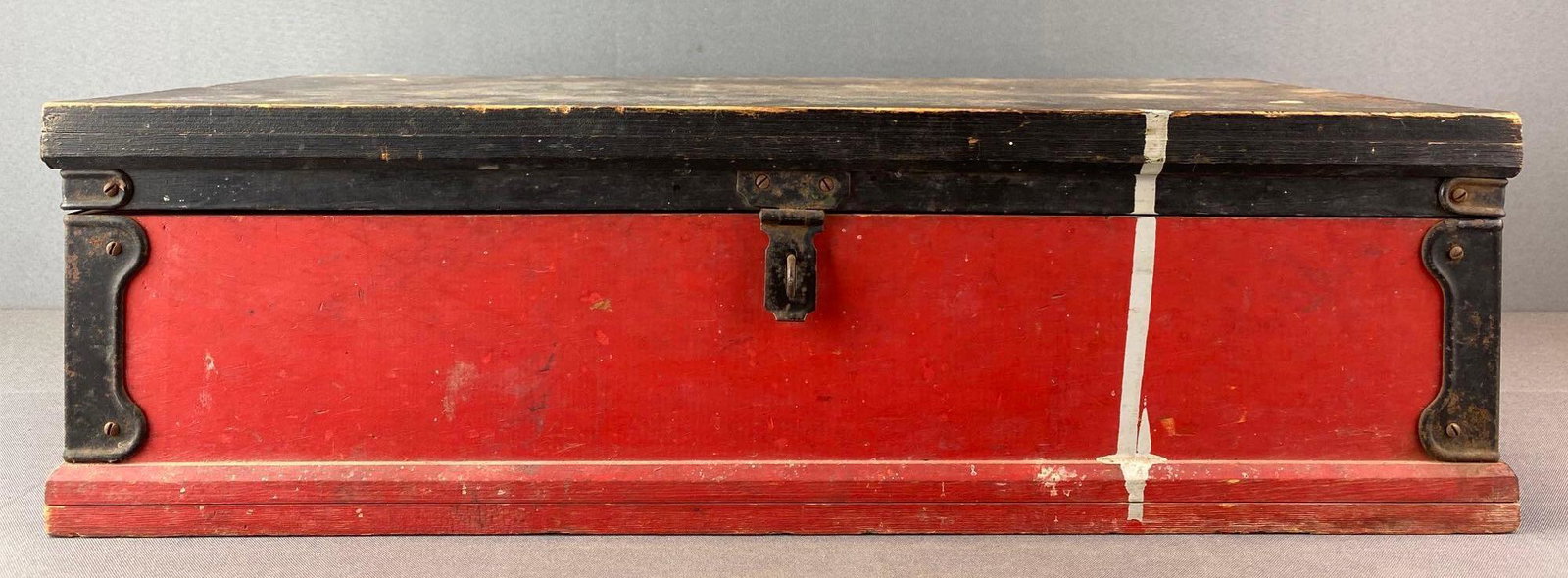 Buddy L Wood Tool Box: some paint loss and rust, 6 3/4 X 23 1/4 X 11 inches