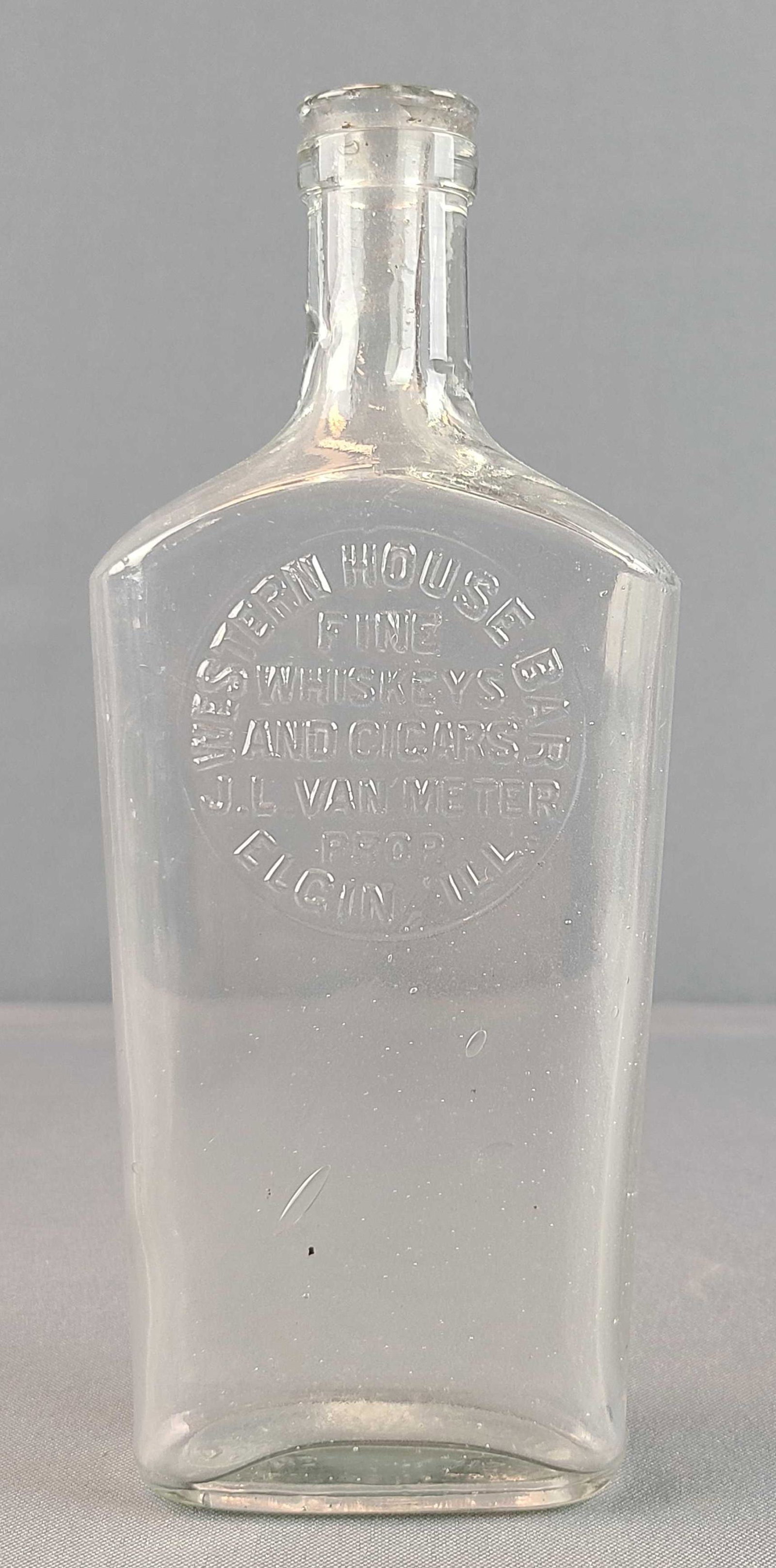 Elgin Illinois Western House Bar Whiskey Bottle: Fine Whiskeys and Cigars, J.L. Van Meter Elgin, IL. 8 1/4 inches