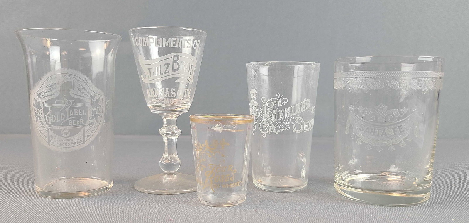 Group of 5 Pre-prohibition glasses: Tallest is 4 1/2 inches. 2 have some chipping.