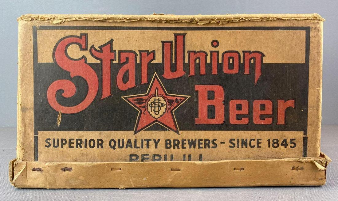 Star Union Advertising Beer Box with Bottles: Peru illinois 20 amber bottles, Peru IL, 10 X 17 X 11 1/4 inches