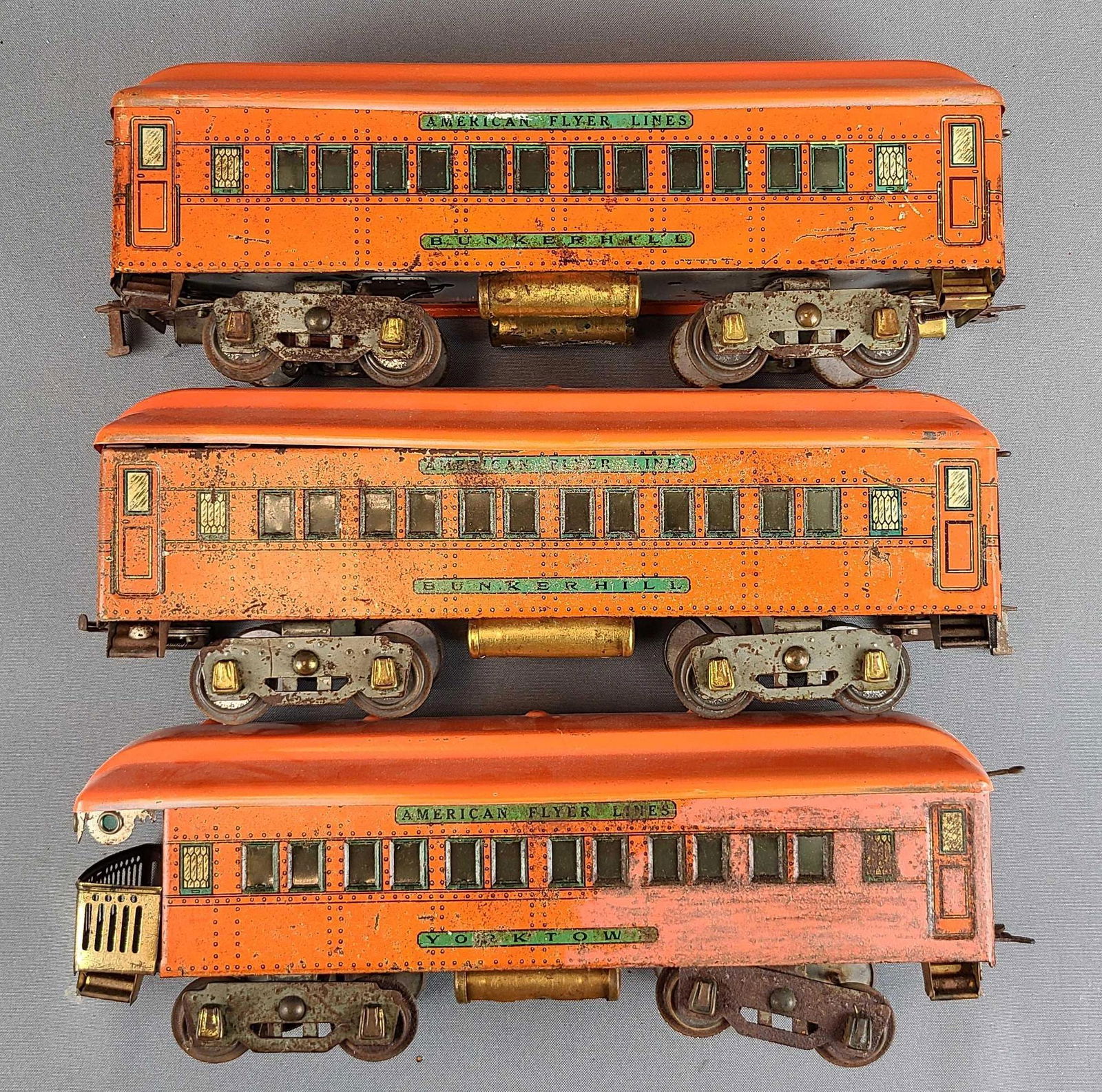 Group of 3 Wide Scale American Flyer Passenger Cars: Lithographed, pre-war. Rust, paint loss.