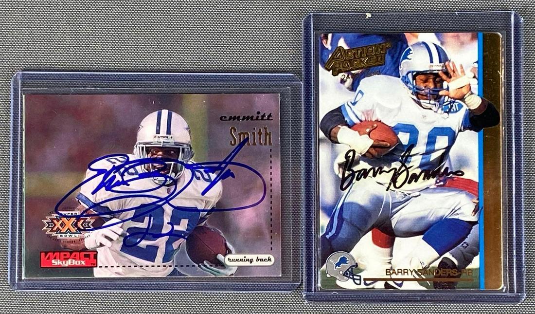 Emmitt Smith and Barry Sanders Signed Football Cards: In Person Autographs.